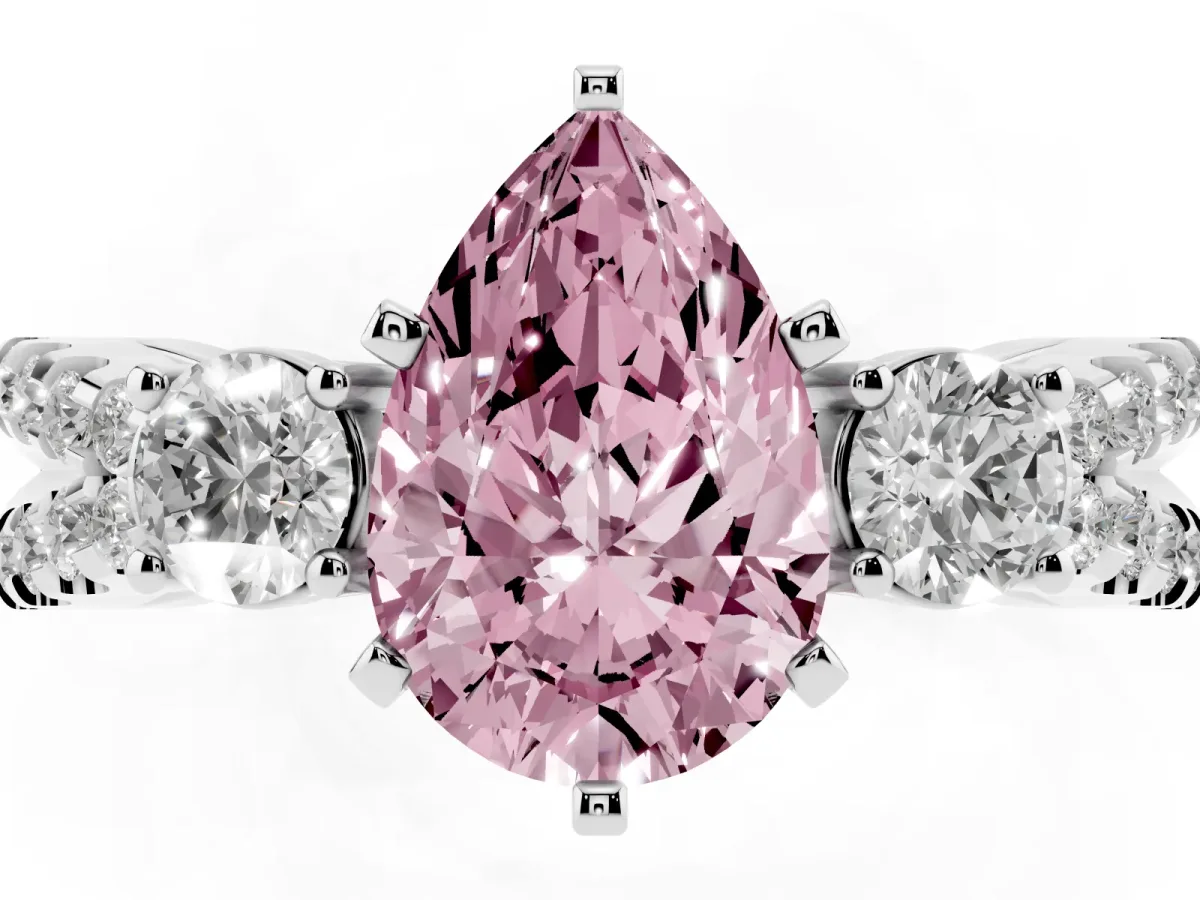 Fancy Pink Pear Cut Diamond Three-Stone Ring with Pavé Split Shank and Four-Prong Setting Silver