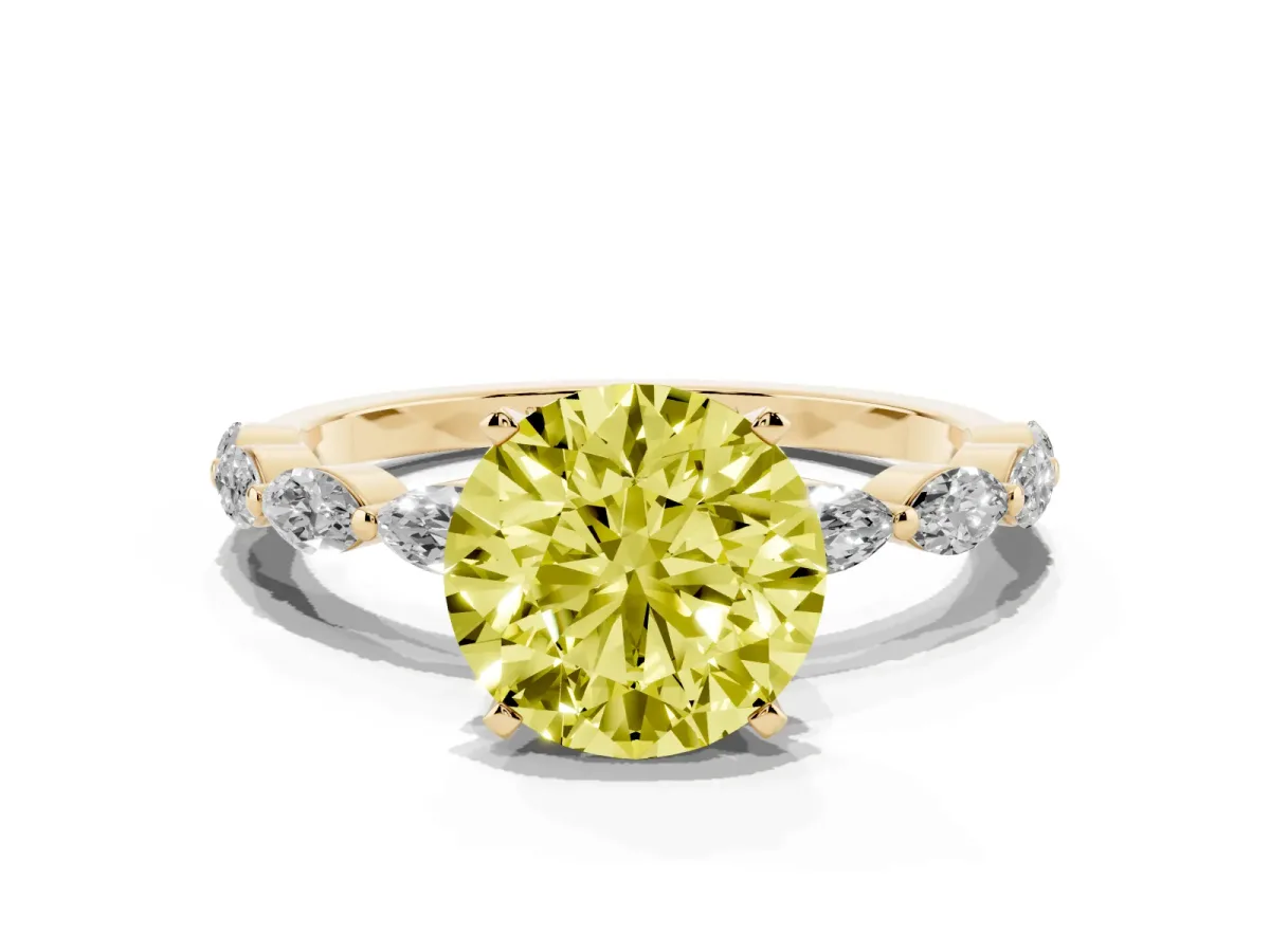 Fancy Yellow Round Cut Diamond Ring with Marquise Side Stones and Prong Setting Yellow gold