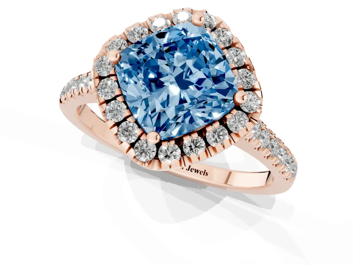 Fancy Blue Cushion Cut Diamond Cushion Halo Ring with Pavé Band Rose gold