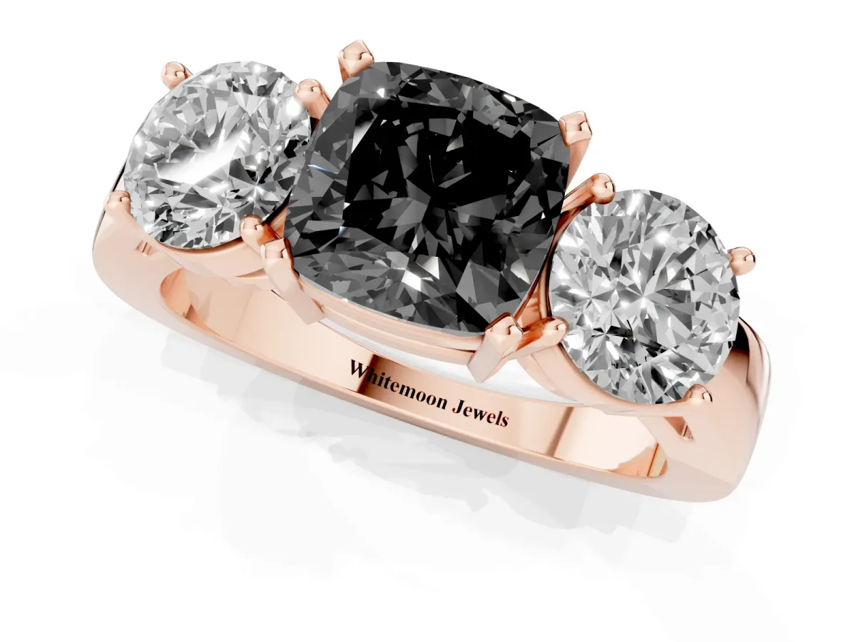 Fancy Black Three-Stone Cushion Cut Diamond Ring with Round Side Stones, Classic Band, and Four-Prong Setting Rose gold