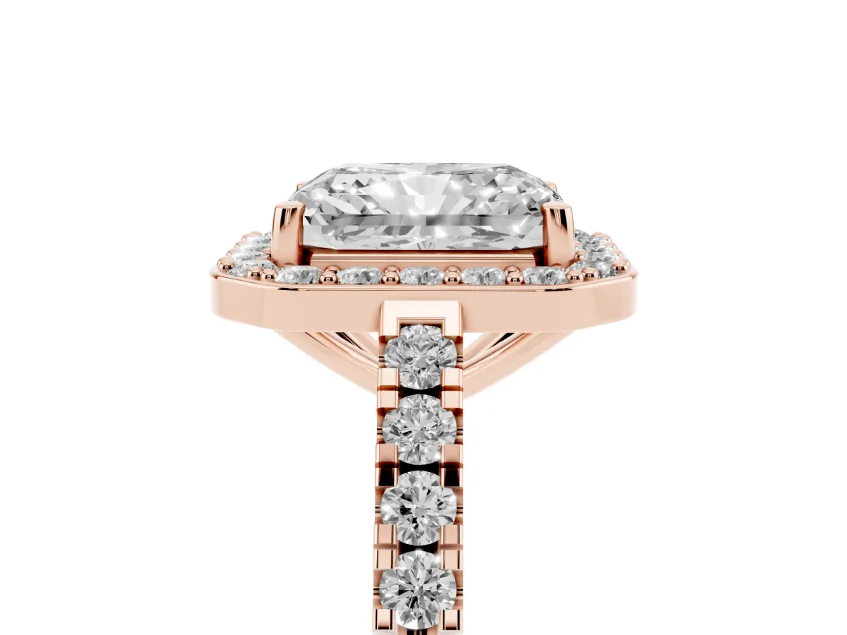 Radiant Cut Diamond Halo Ring with Round Pavé Split Shank and Prong Setting Rose gold