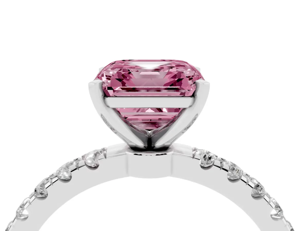 Fancy Pink Asscher Cut Diamond Solitaire Ring with Pavé Accents and Four-Prong Setting Platinum