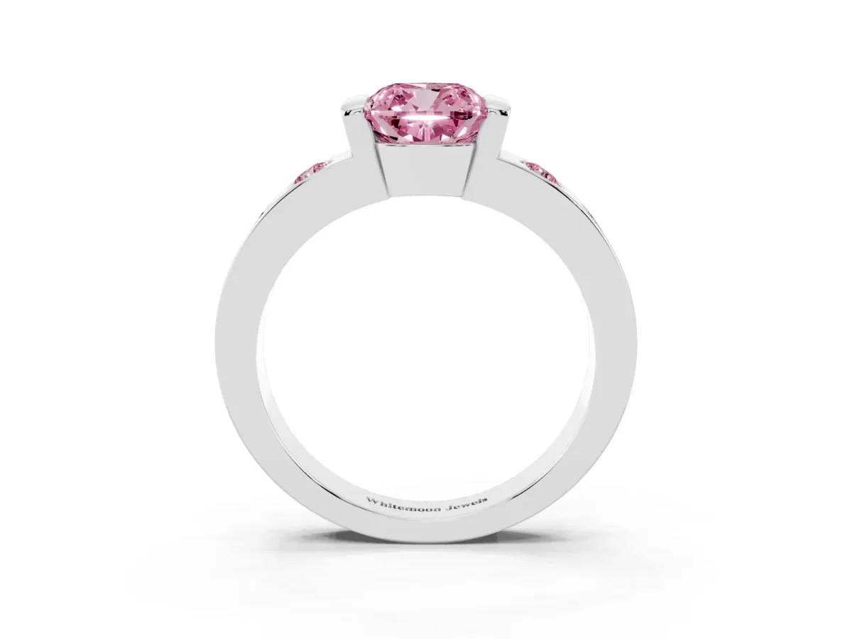 Fancy Pink Cushion Cut Brilliant Channel-Set Diamond Ring with Bezel Prong Setting Silver