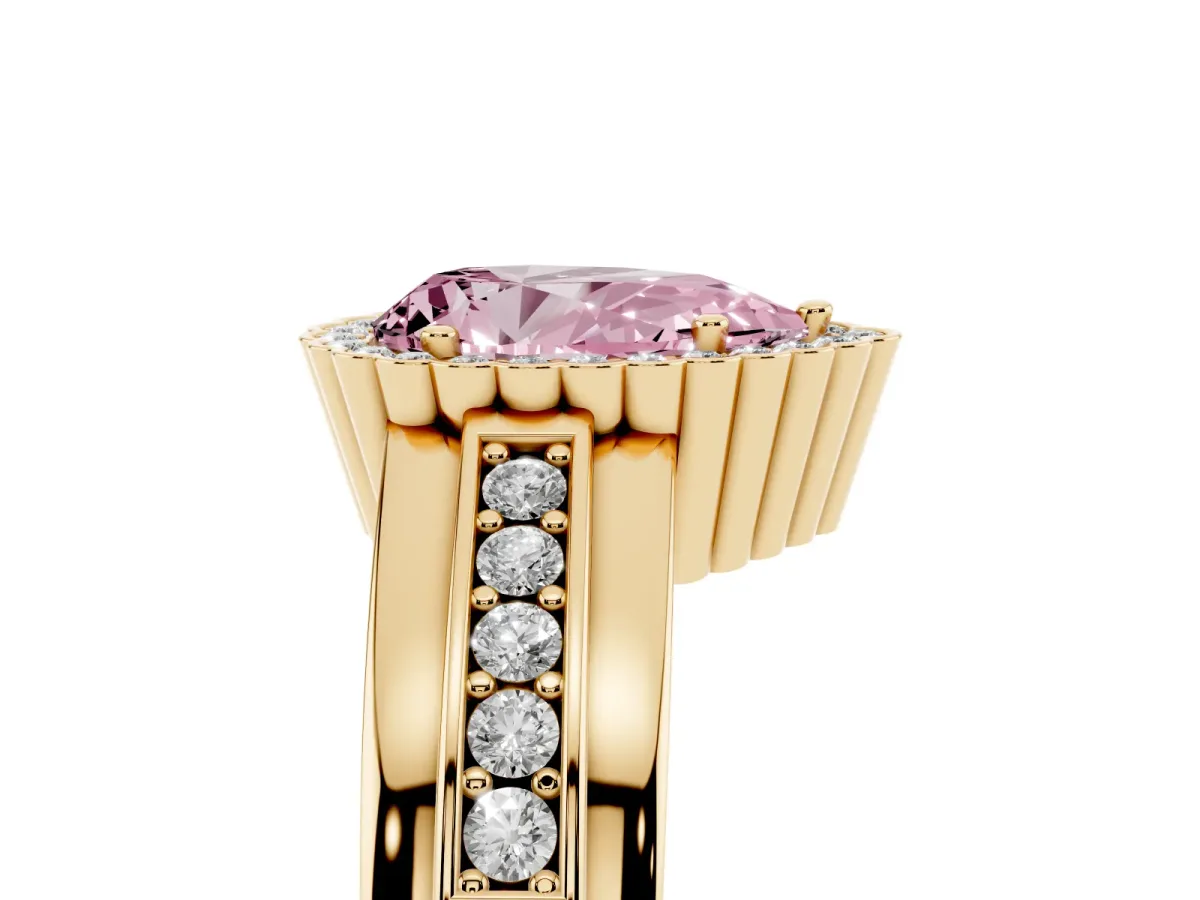 Fancy Pink Pear Cut Cut Halo Pave Band Four-Prong Ring Yellow gold