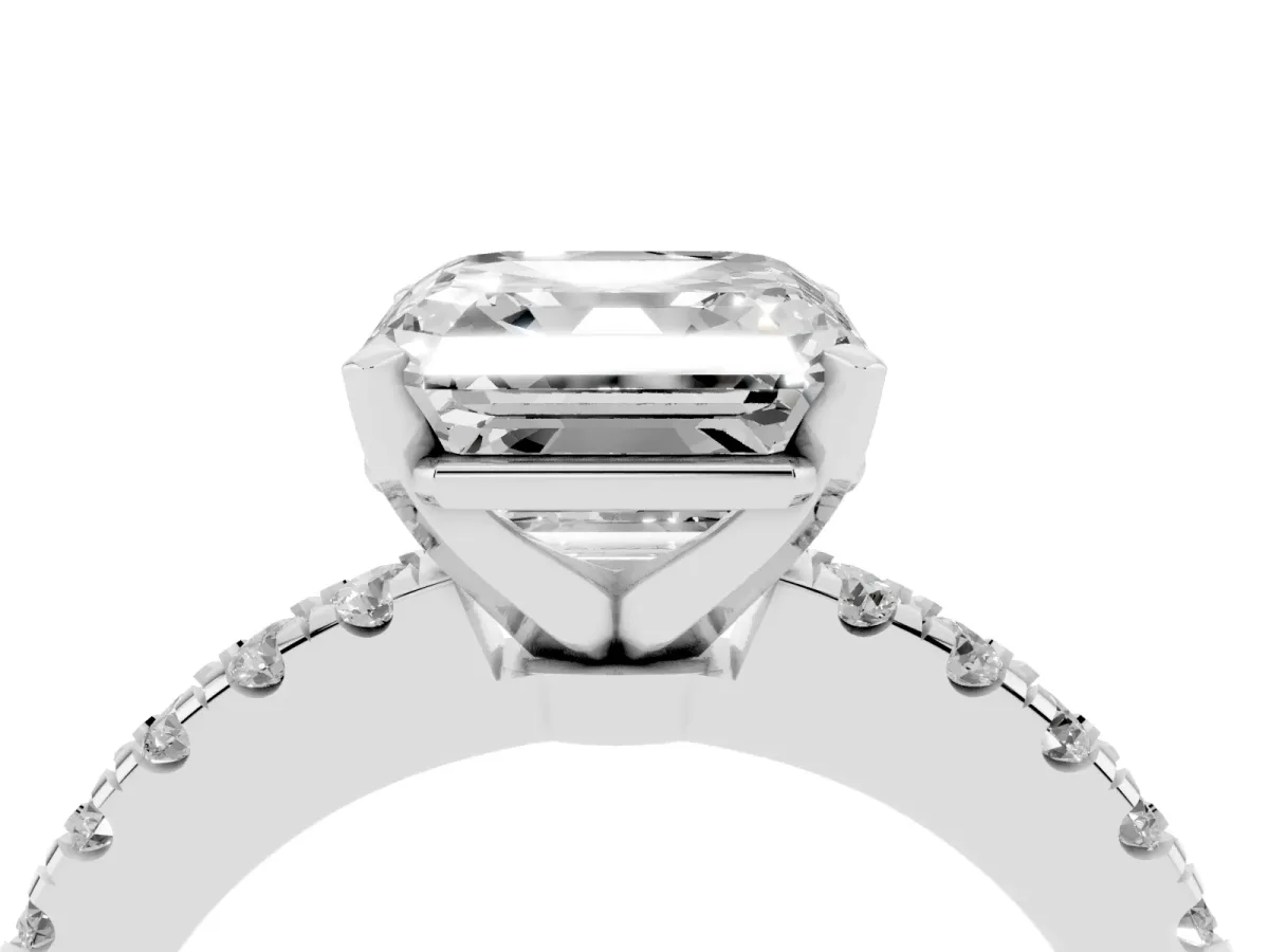 Asscher Cut Solitaire Diamond with Pavé Band and Four-Prong Setting Silver