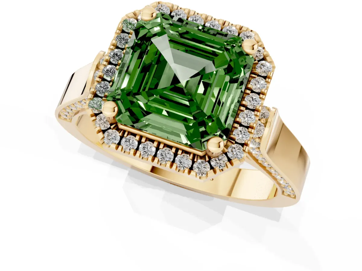 Fancy Green Asscher Cut Halo Pave Split Shank Prong Setting Ring Yellow gold