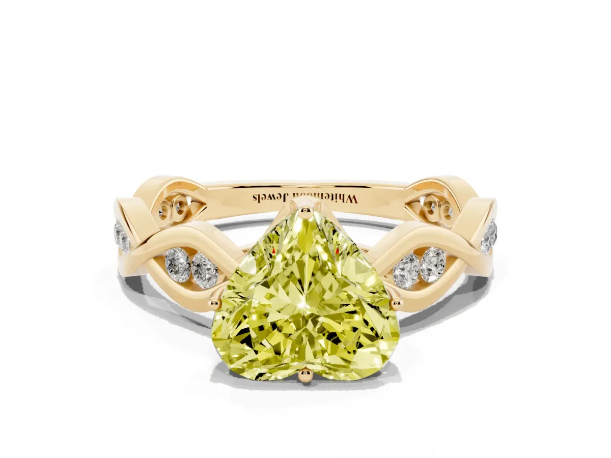 Fancy Yellow Heart Cut Solitaire Twist Band with Leaf Prong Setting Yellow gold