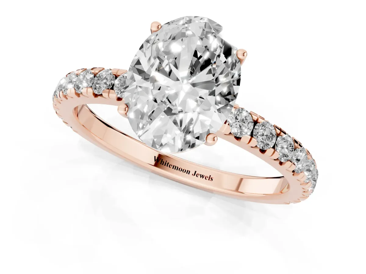 Oval Cut Diamond Pavé Solitaire Engagement Ring with Four-Prong Setting Rose gold