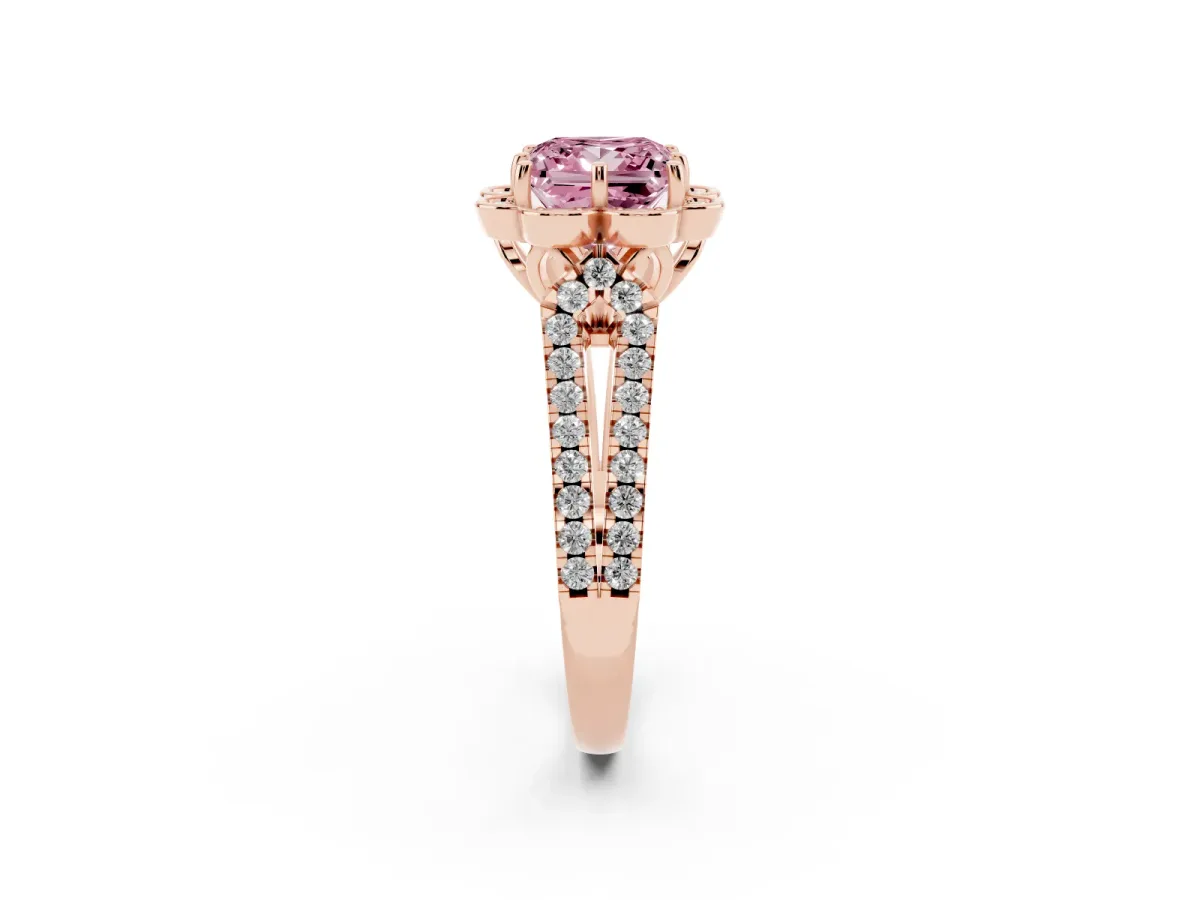 Fancy Pink Princess Cut Halo Diamond Floral Split Shank Engagement Ring Rose gold