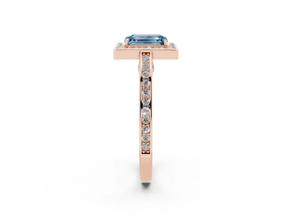 Fancy Blue Emerald Cut Cut Halo Pave Split Shank Prong Setting Ring Rose gold