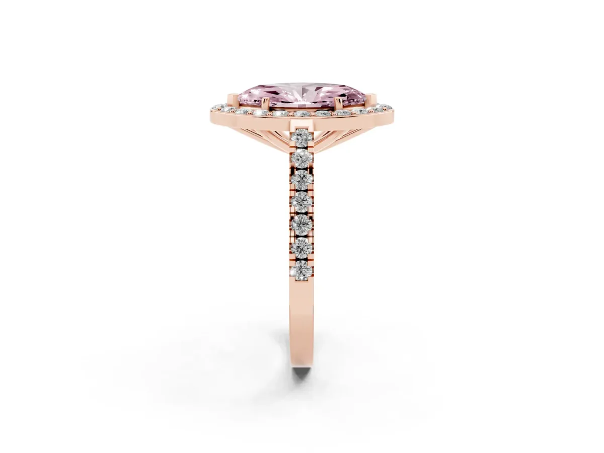 Fancy Pink Marquise Cut Diamond Halo Ring with Round Pavé Split Shank and Prong Setting Rose gold