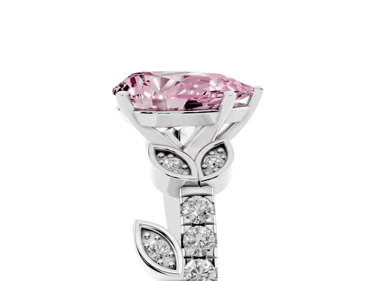 Fancy Pink Pear Cut Solitaire Leaf-Inspired Diamond Ring with Pavé Band and Four-Prong Setting Silver