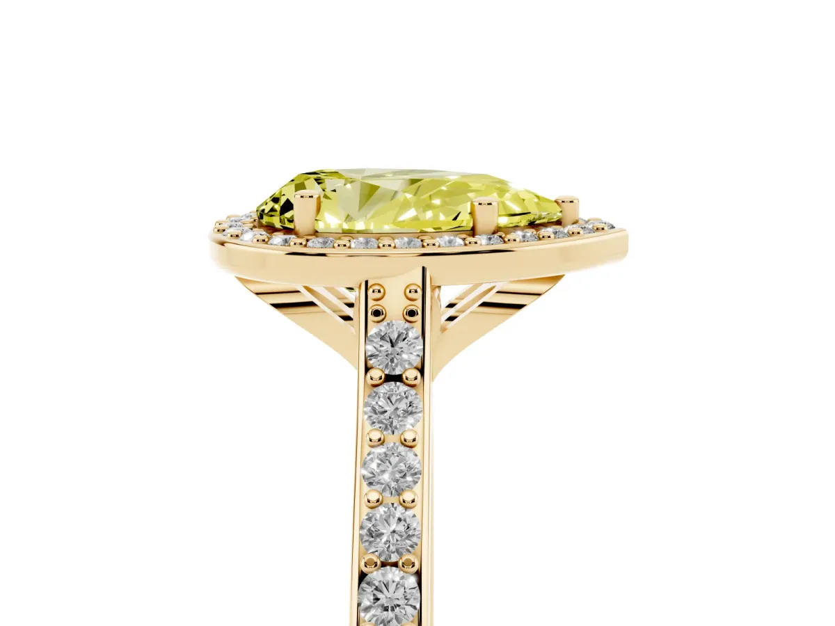 Fancy Yellow Pear Cut Diamond Halo Engagement Ring with Round Pavé Shoulders and Prong Setting Yellow gold