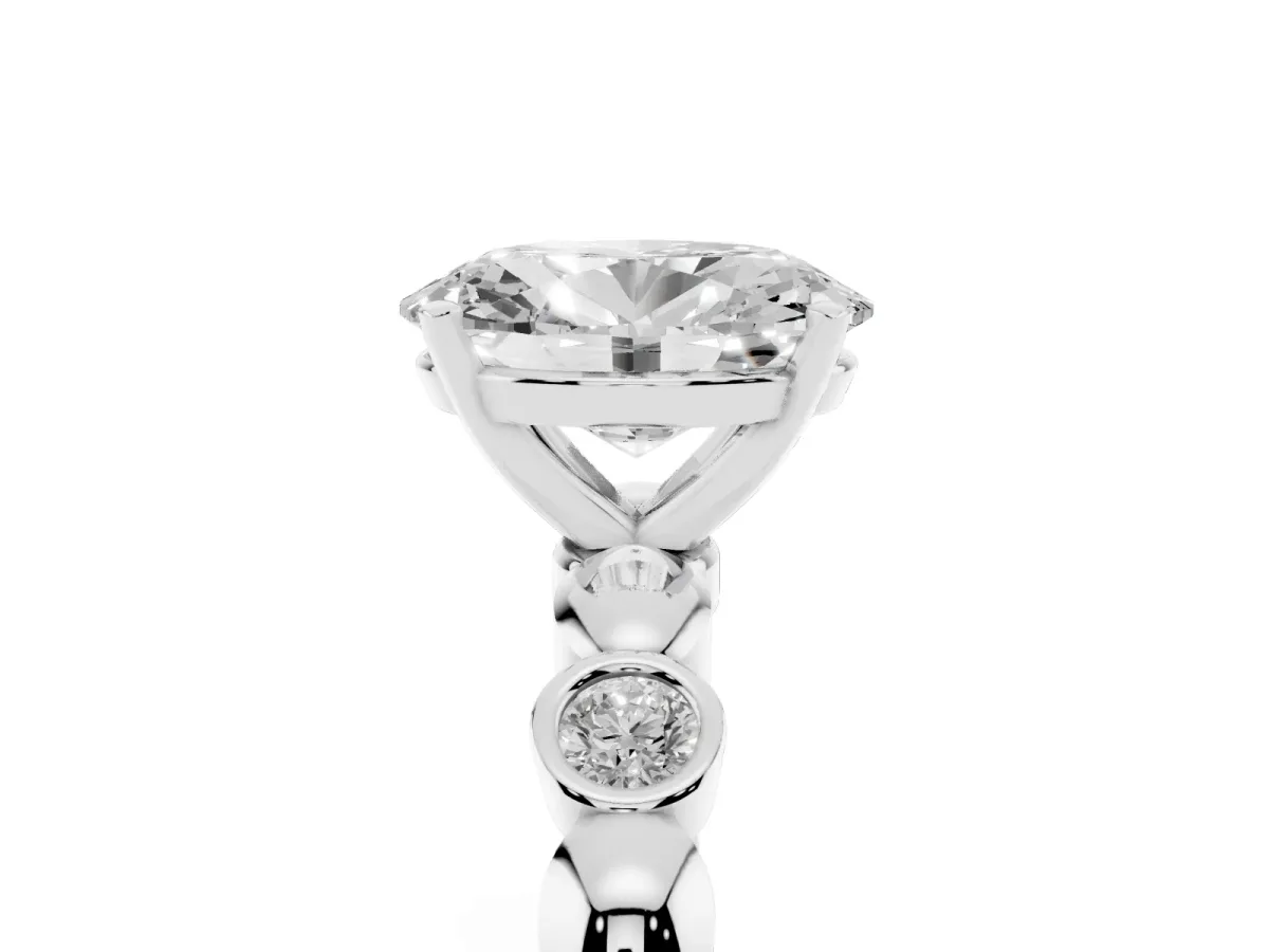 Oval Cut Solitaire Bezel-Set Diamond Ring with Beaded Band and Four-Prong Setting Platinum