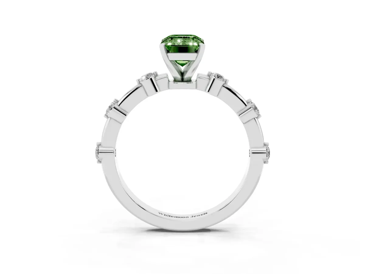 Fancy Green Emerald Cut Solitaire Diamond Ring with Bezel Set Side Stones and Prong Setting Silver