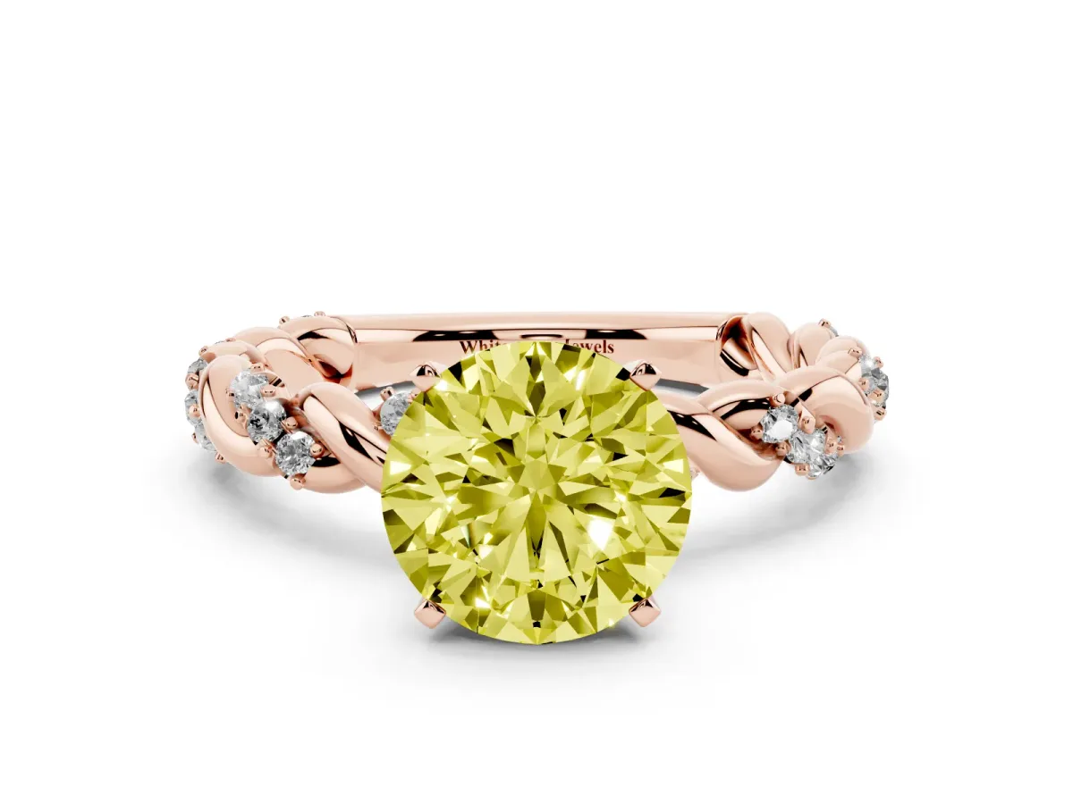 Fancy Yellow Round Cut Diamond Solitaire Ring with Twisted Band and Pavé Accents Rose gold