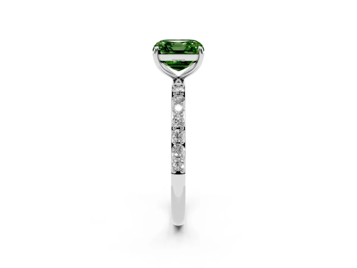 Fancy Green Asscher Cut Diamond Solitaire Ring with Round Pavé Shoulders and Prong Setting Silver