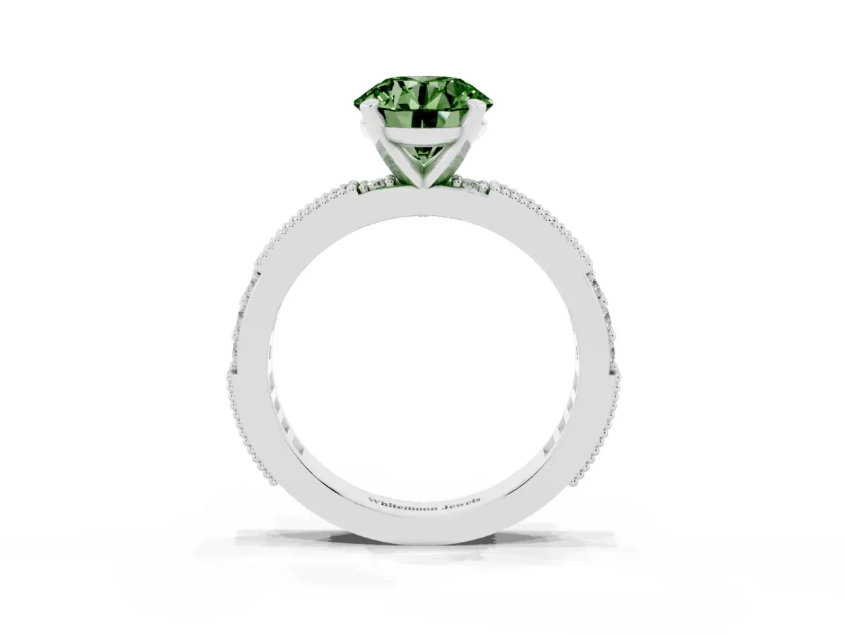 Fancy Green Round Cut Solitaire with Pavé Band and Four-Prong Setting Silver