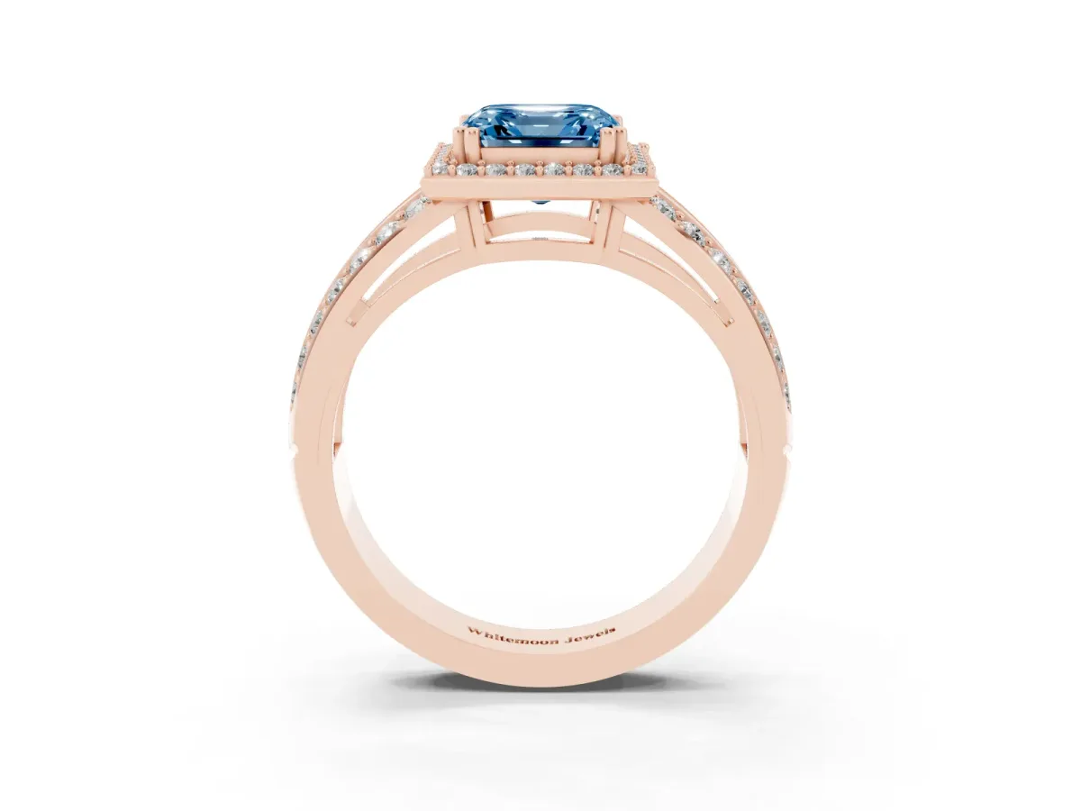 Fancy Blue Asscher Cut Diamond Halo Ring with Split Shank Pavé Band and Four-Prong Setting Rose gold