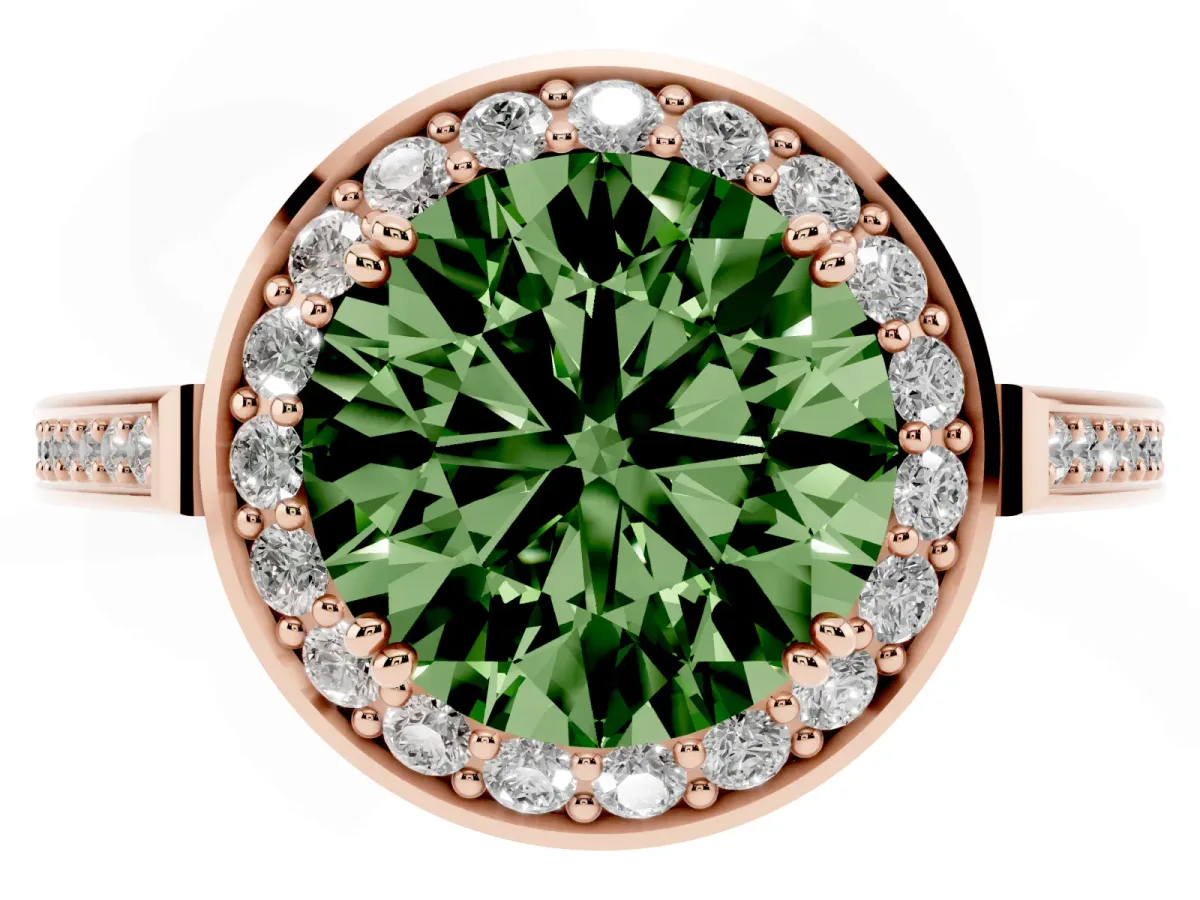 Fancy Green Round Cut Diamond Halo Ring with Split Shank and Four-Prong Setting Rose gold