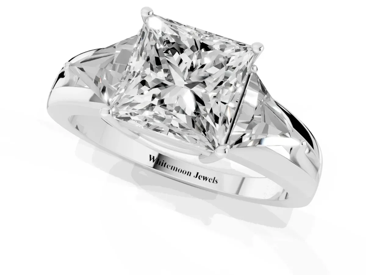 Three-Stone Princess Cut Cut Diamond Ring with Trillion Side Stones on a Split Shank Band Silver