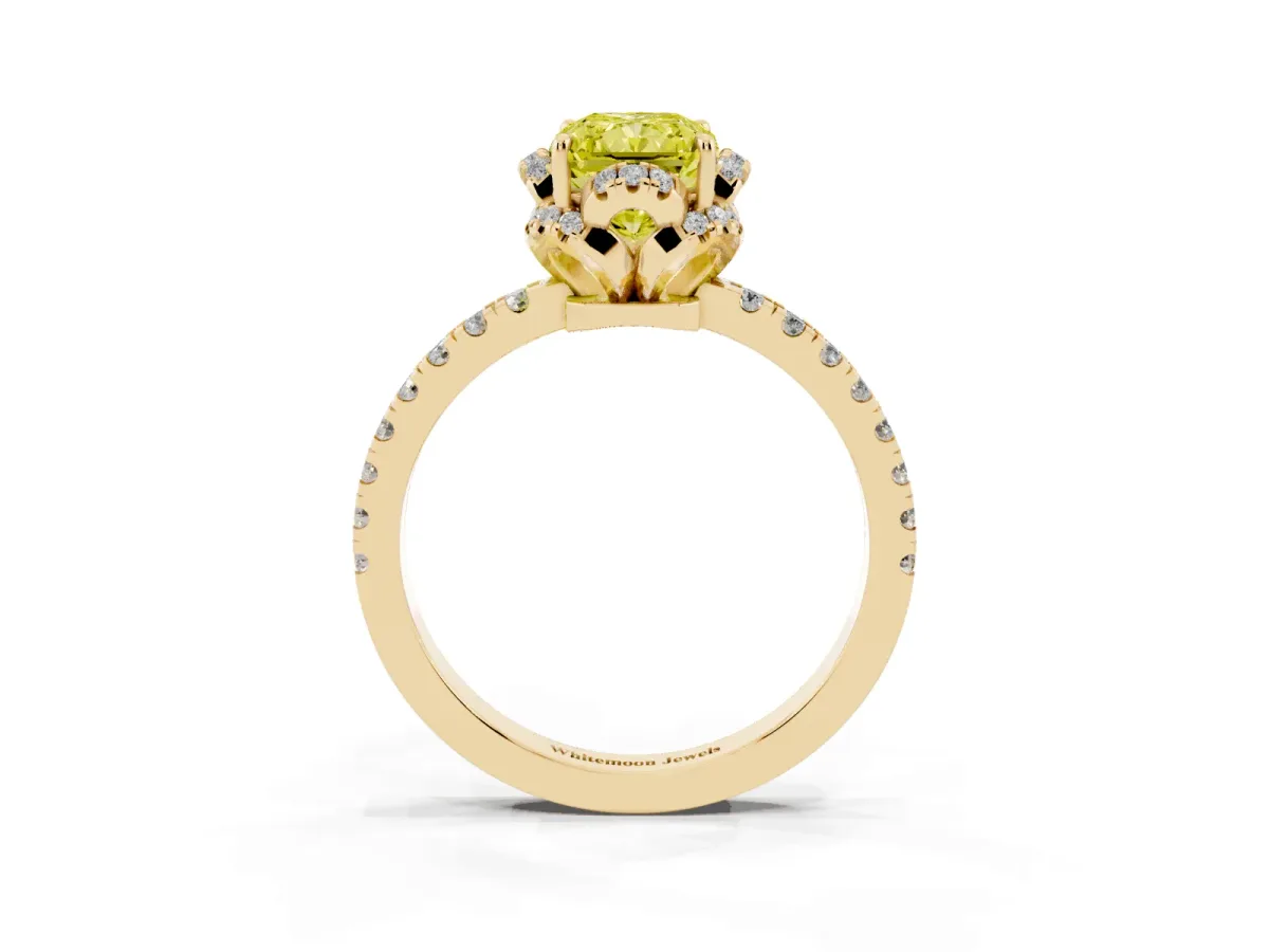 Fancy Yellow Radiant Cut Halo Diamond Pave Band Ring with Four-Prong Setting Yellow gold