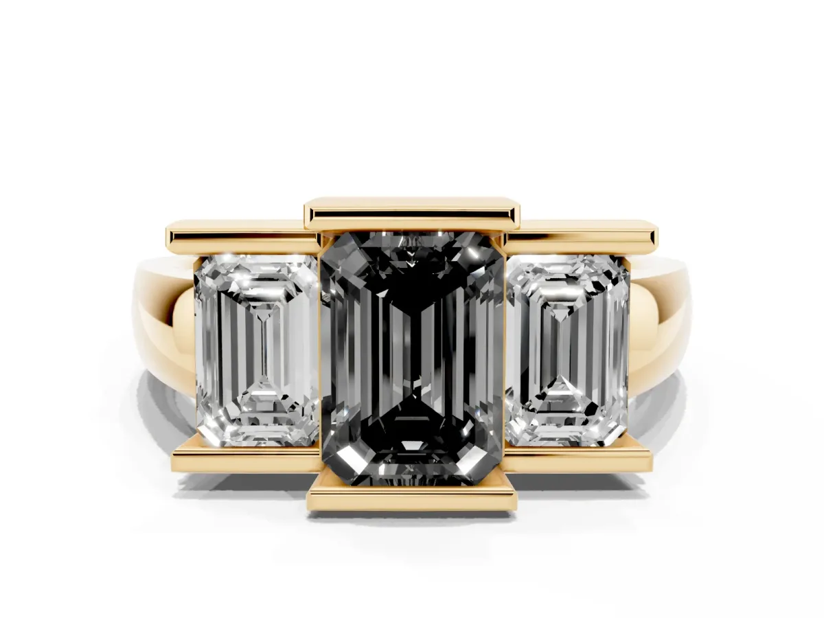 Fancy Black Three Stone Emerald Cut Cut Channel Set Diamond Ring Yellow gold