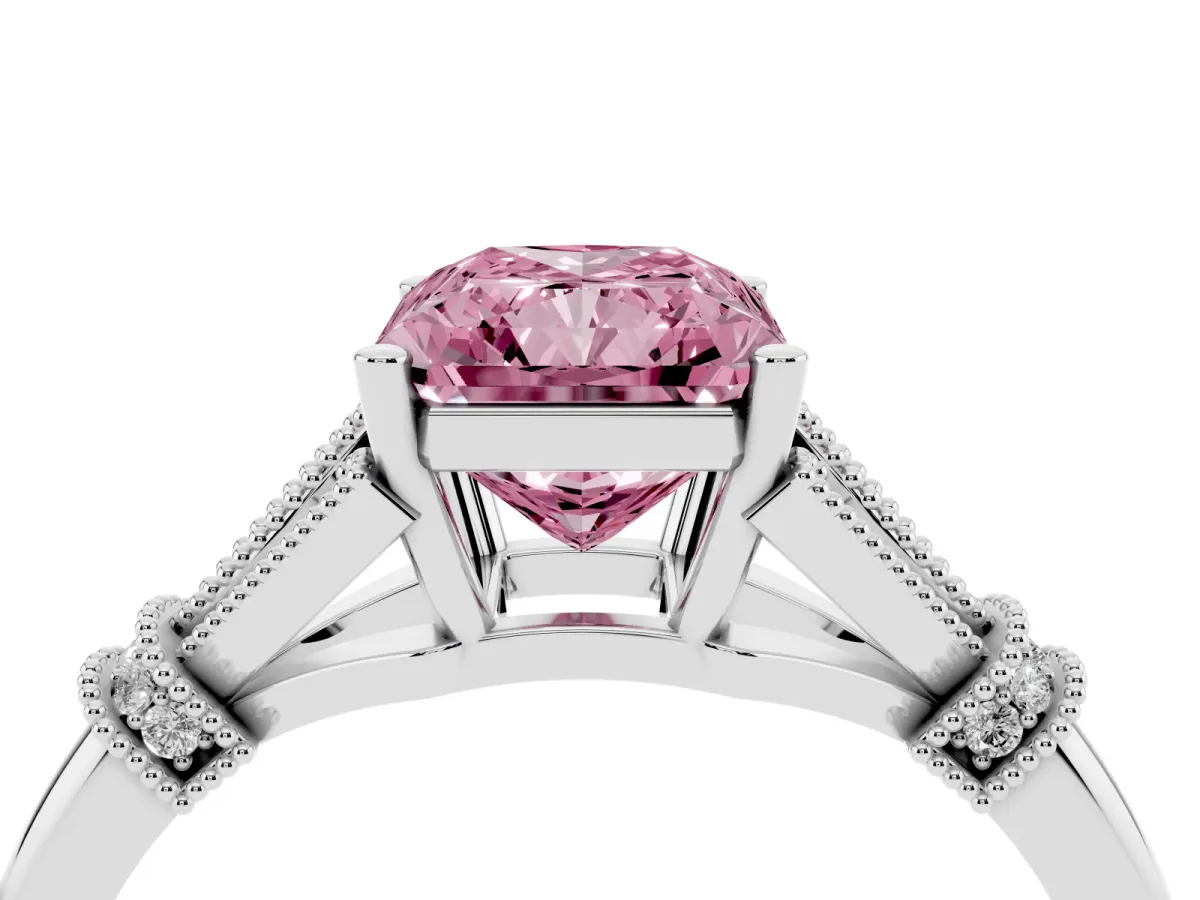 Fancy Pink Radiant Cut Diamond Solitaire Ring with Floral Filigree and Pave Accents White gold
