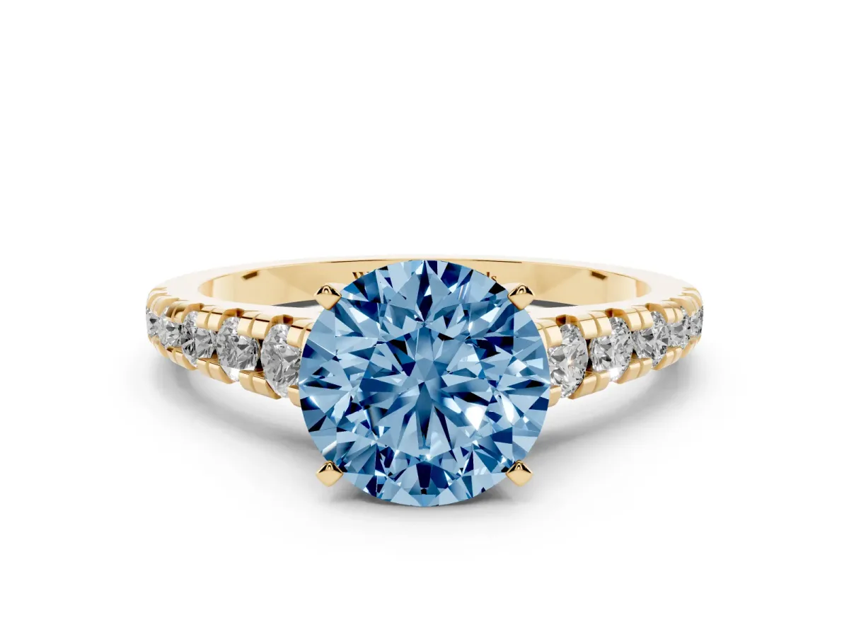 Fancy Blue Round Cut Diamond Cathedral Solitaire Ring with Round Pavé Band Yellow gold