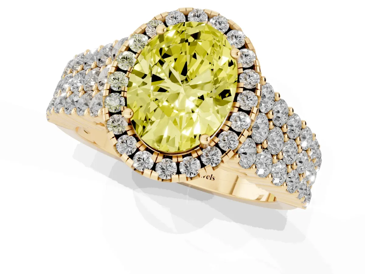 Fancy Yellow Oval Cut Diamond Halo Engagement Ring with Triple Row Round Pavé Band and Prong Setting Yellow gold