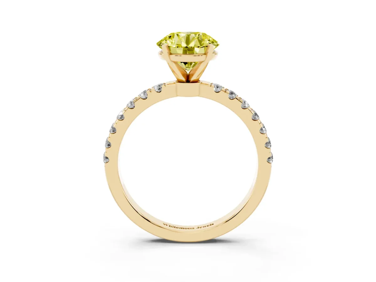 Fancy Yellow Round Cut Diamond Solitaire Ring with Pavé Accents and Four-Prong Setting Yellow gold