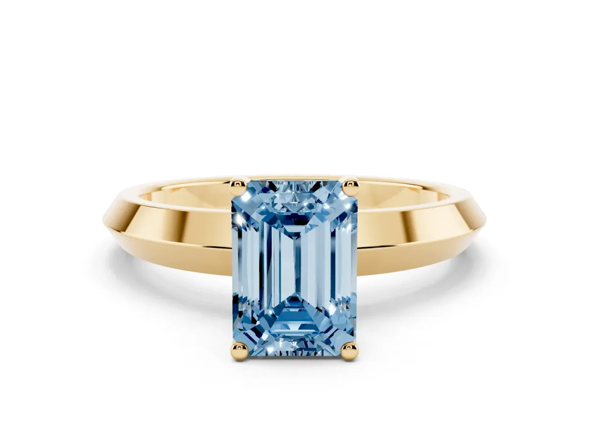 Fancy Blue Emerald Cut Cut Solitaire Engagement Ring with Flat Band and Four-Prong Setting Yellow gold