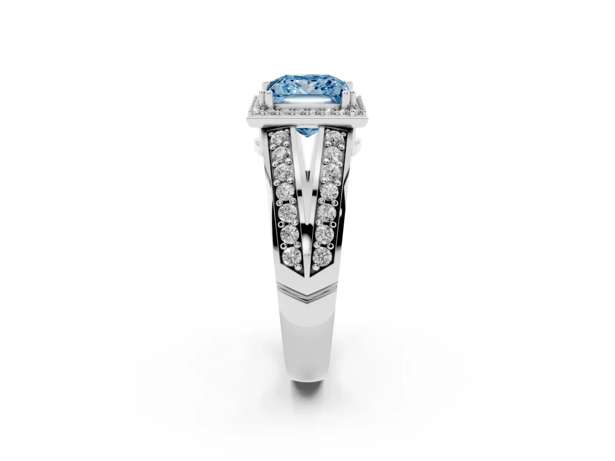 Fancy Blue Princess Cut Diamond Halo Ring with Split Shank Pavé Band and Four-Prong Setting Platinum