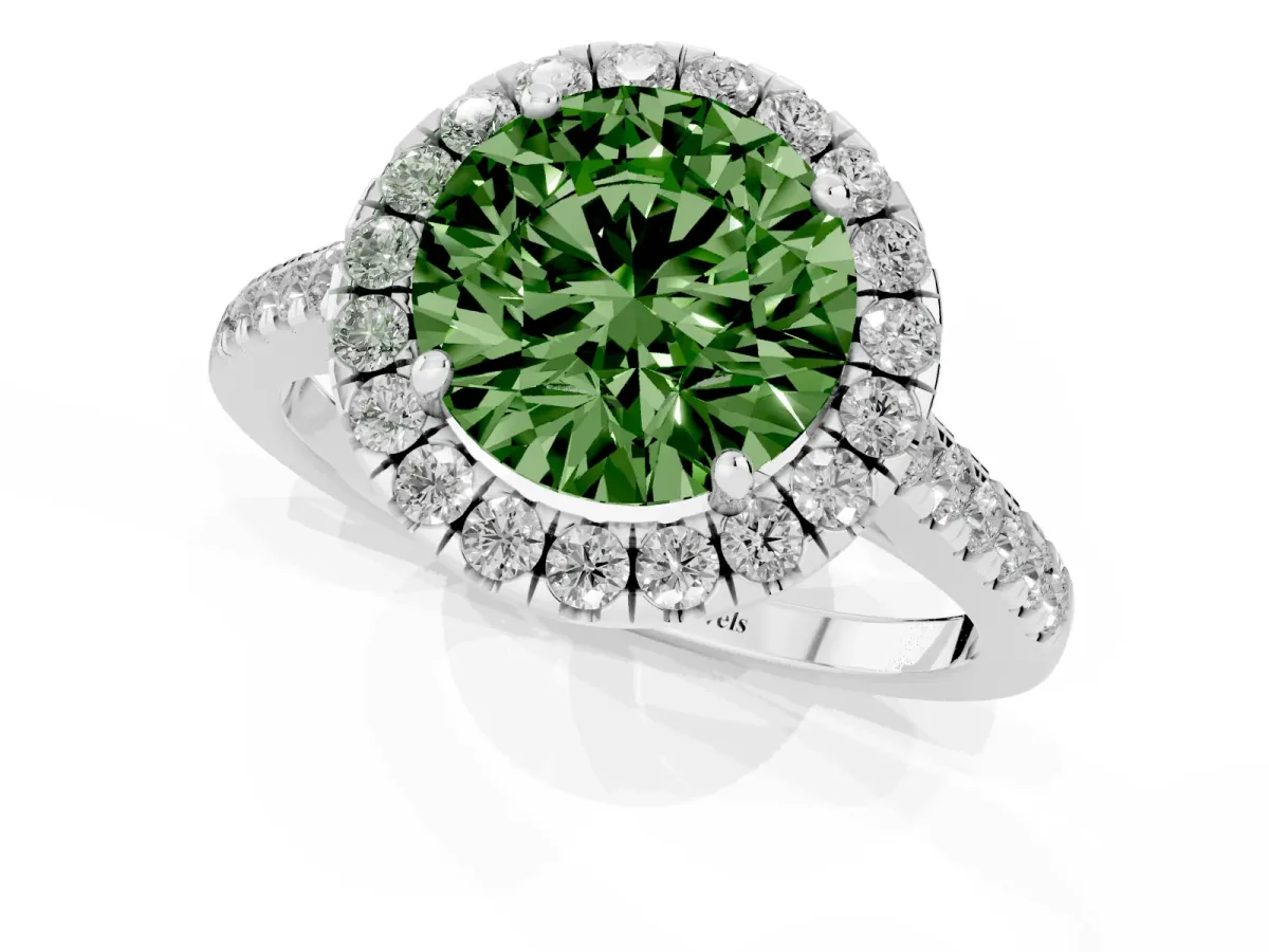 Fancy Green Round Cut Halo Pave Diamond Engagement Ring with Four-Prong Setting White gold
