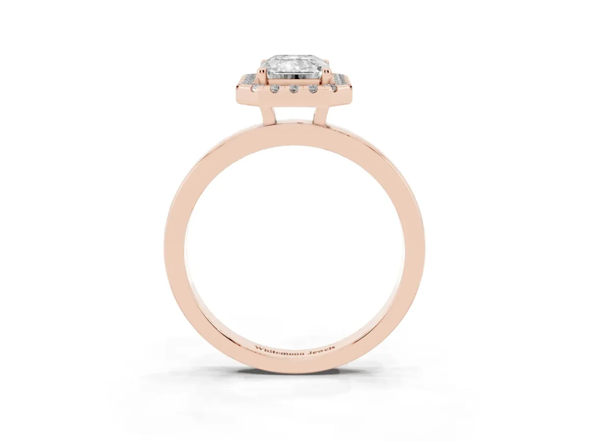 Emerald Cut Halo Diamond Solitaire with Pavé Band and Four-Prong Setting Rose gold