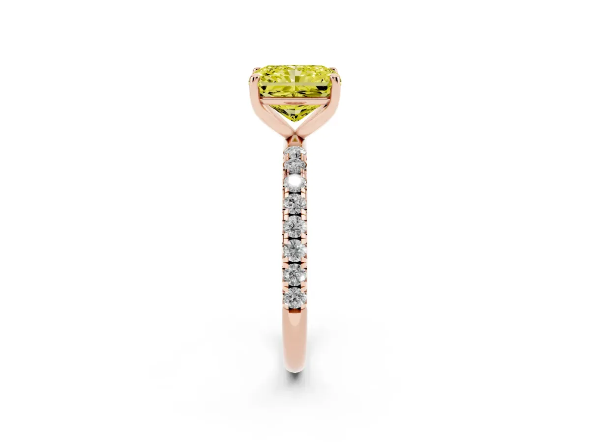 Fancy Yellow Radiant Cut Cut Diamond Solitaire Ring with Micro Pave Band and Four Prong Setting Rose gold