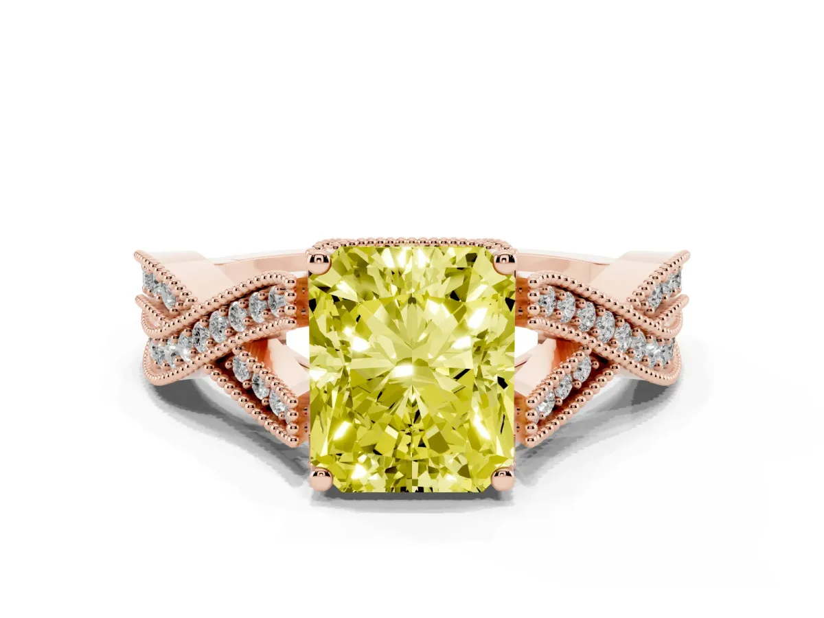 Fancy Yellow Radiant Cut Cut Diamond Twisted Band with Milgrain Pave Setting and Four-Prong Setting Rose gold