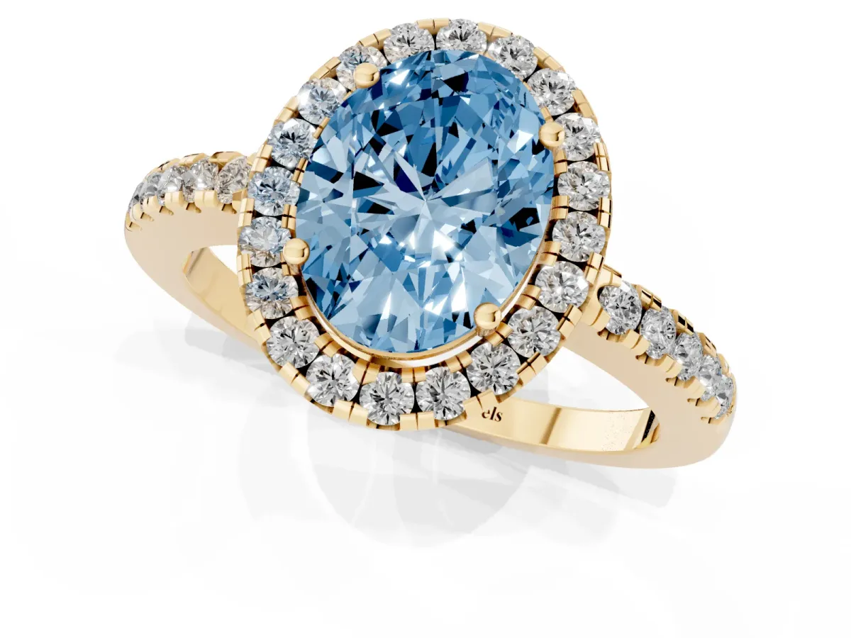 Fancy Blue Oval Cut Halo Diamond Engagement Ring with Pavé Band and Four-Prong Setting Yellow gold