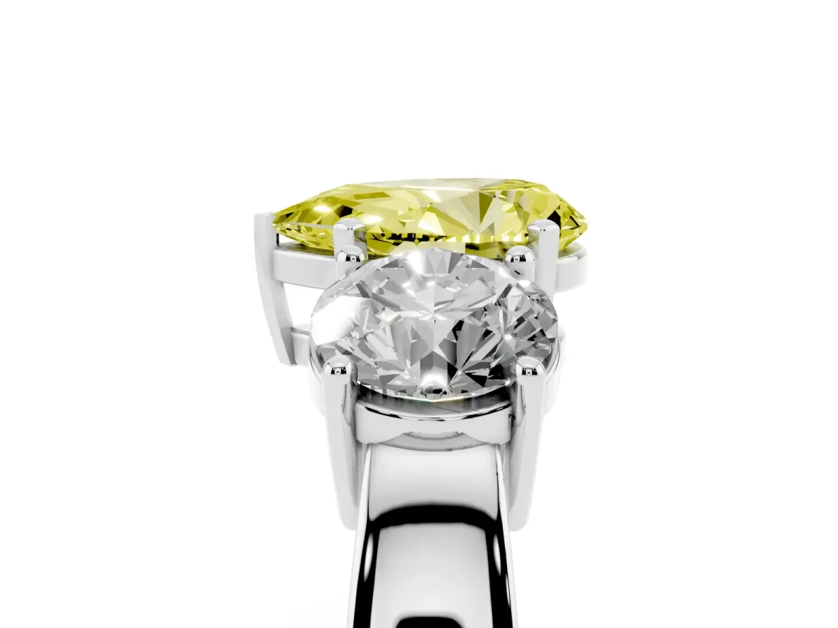 Fancy Yellow Three-Stone Pear Cut Diamond Ring with Round Side Stones, Classic Band, and Four-Prong Setting Platinum