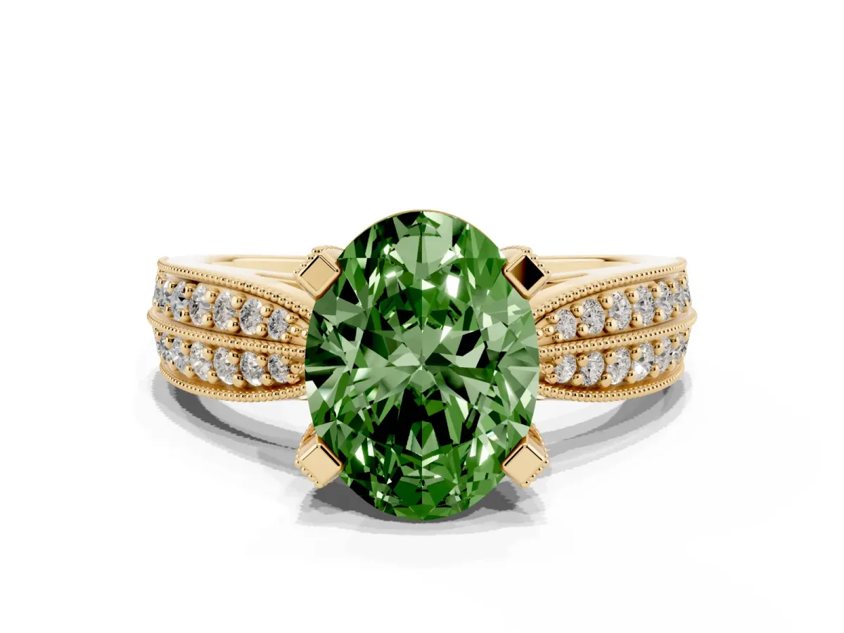 Fancy Green Oval Cut Diamond Solitaire Ring with Milgrain Round Pavé Band and Prong Setting Yellow gold