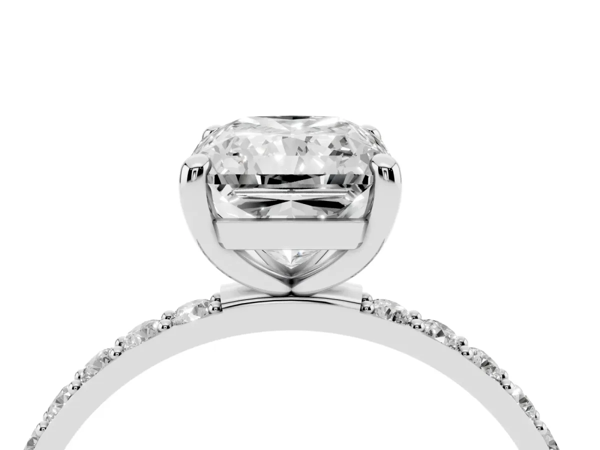 Radiant Cut Diamond Solitaire Ring with Round Pavé Band and Prong Setting Silver