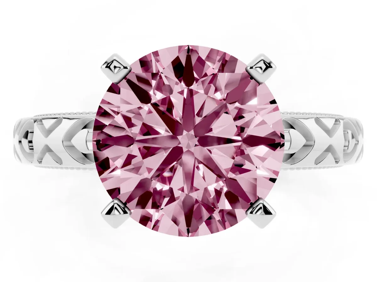 Fancy Pink Round Cut Solitaire Diamond Engagement Ring with XO Engraved Band and Four-Prong Setting Silver