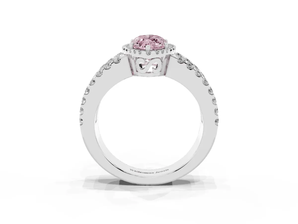 Fancy Pink Marquise Cut Cut Halo Split Shank Diamond Ring with Four-Prong Setting Silver