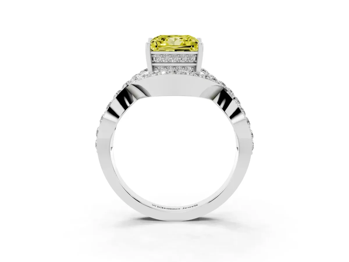 Fancy Yellow Princess Cut Solitaire Twist Band Pavé Diamond Engagement Ring Silver