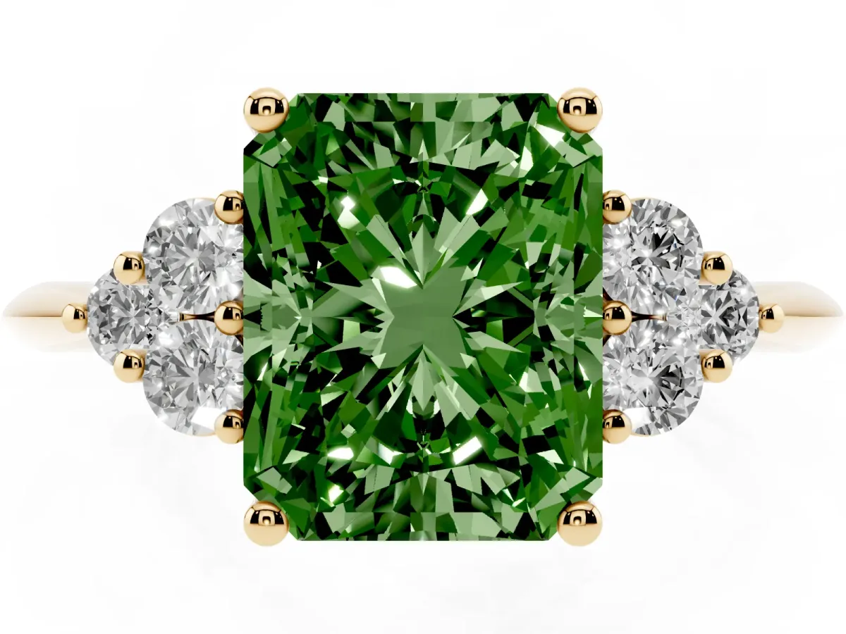 Fancy Green Radiant Cut Cut Diamond Cluster Ring with Solitaire Band and Four-Prong Setting Yellow gold