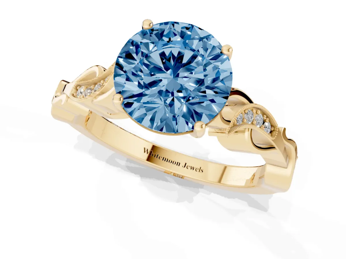 Fancy Blue Round Cut Solitaire Vine Band with Milgrain Prong Setting Yellow gold
