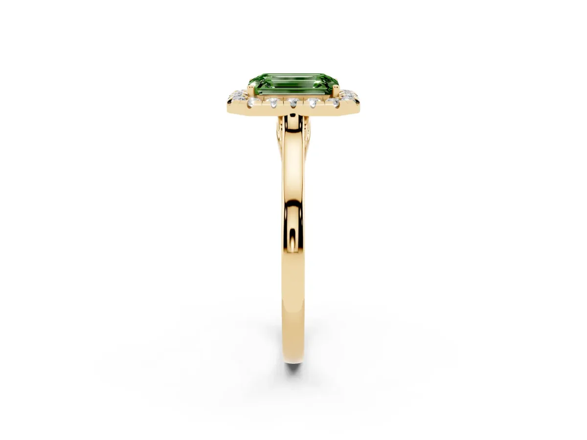 Fancy Green Emerald Cut Halo Round Diamond Solitaire Ring with Pavé Band and Four-Prong Setting Yellow gold