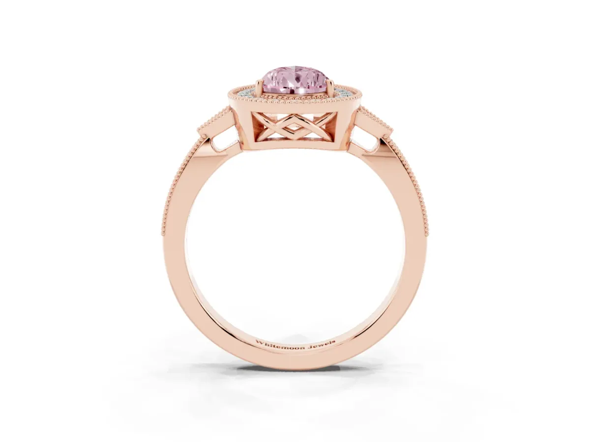 Fancy Pink Pear Cut Halo Round Diamond Milgrain Pave Engagement Ring Rose gold