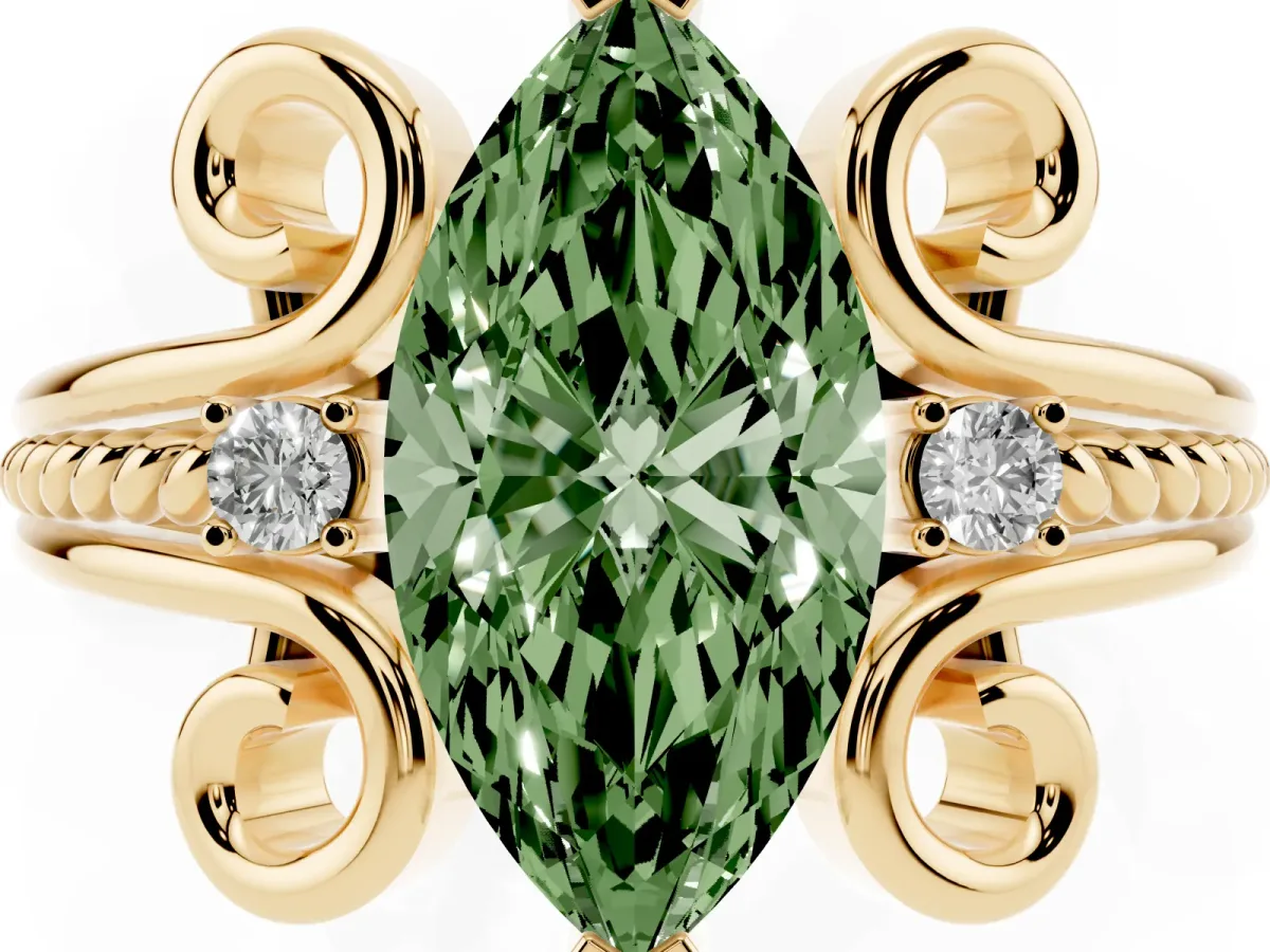 Fancy Green Marquise Cut Solitaire Twisted Band Scroll Prong Ring Yellow gold