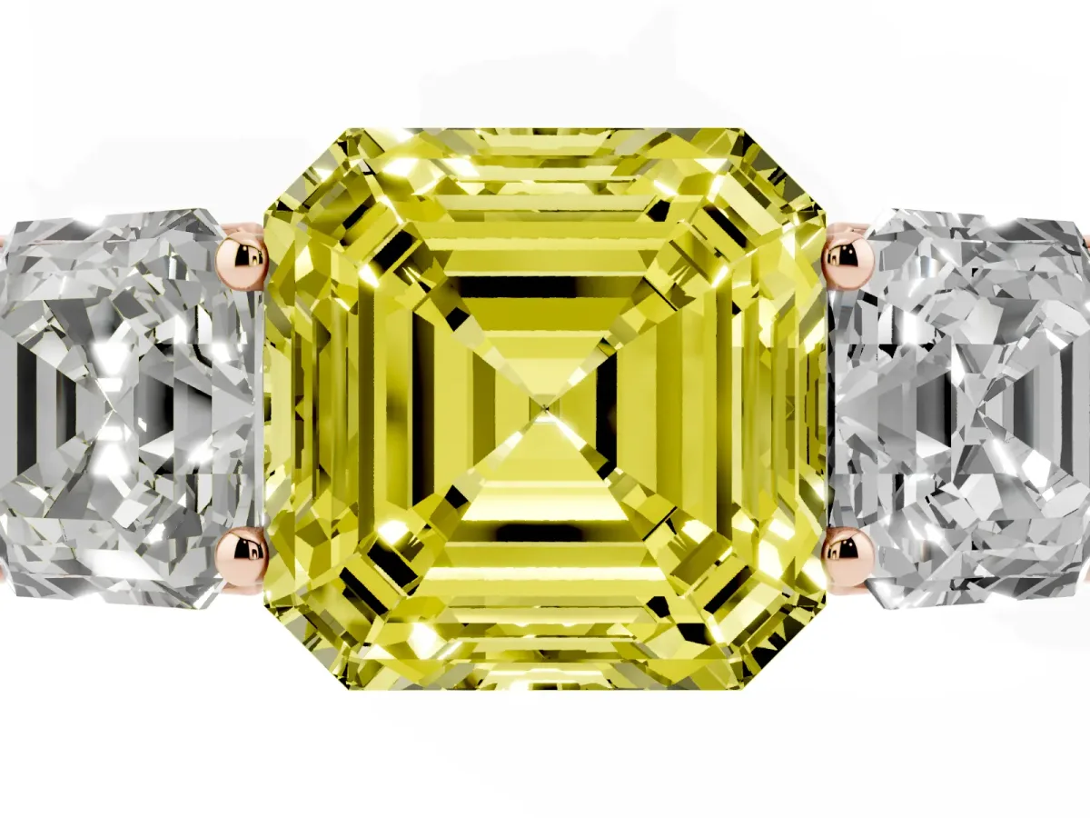 Fancy Yellow Asscher Cut Three-Stone Diamond Ring with Prong Setting on a Classic Band Rose gold